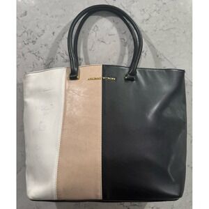 Adrienne Vittadini Tote Handbag Large White Tan Black Colorblock Faux Leather